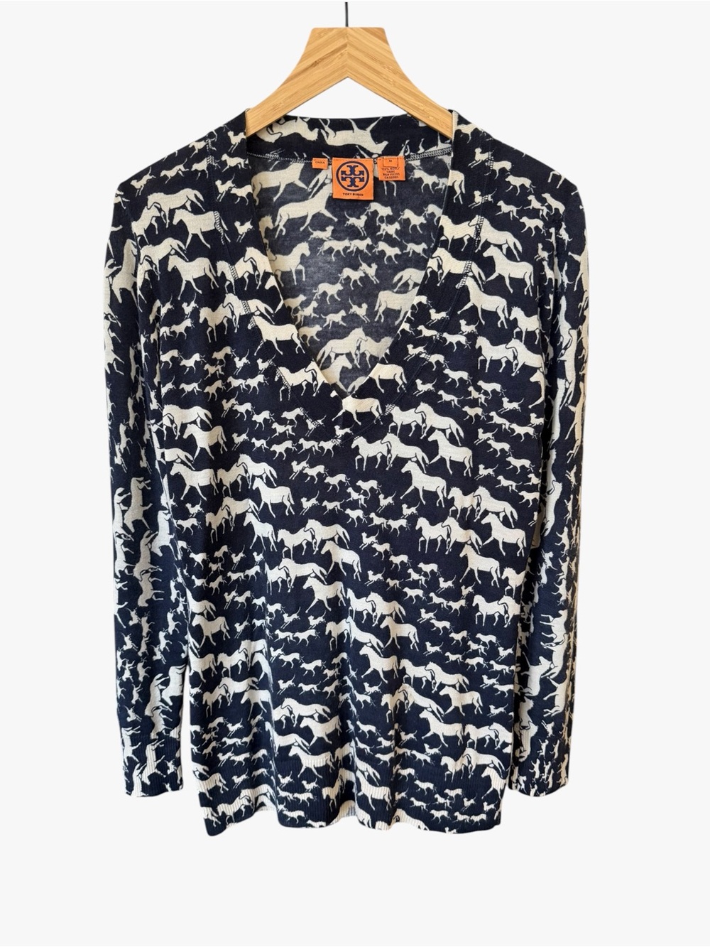 Tory Burch Navy and White Horse-Pattern V-Neck Sweater